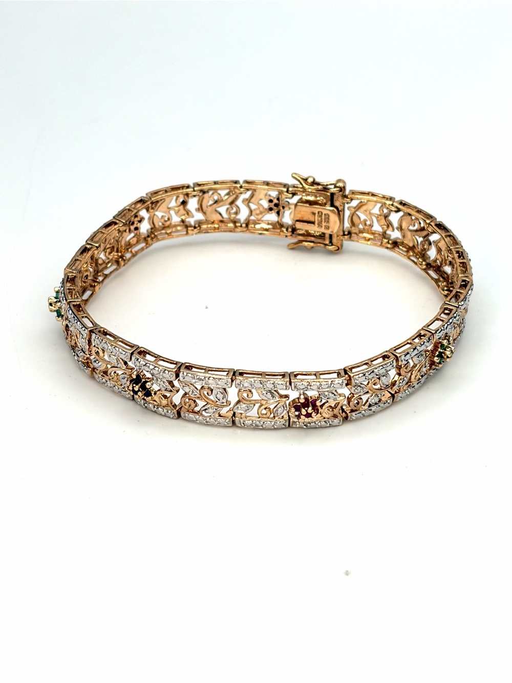 Ross Simons Gold over Sterling Silver Filigree Sapphire Emerald Ruby Bracelet